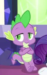Size: 163x257 | Tagged: safe, screencap, character:rarity, character:spike, species:dragon, episode:the last laugh, g4, my little pony: friendship is magic, crossed arms, lidded eyes, male, offscreen character, slit eyes, solo focus, tail, toes, underfoot, winged spike
