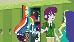Size: 1256x720 | Tagged: safe, screencap, character:blueberry cake, character:daring do, character:indigo wreath, character:rainbow dash, episode:run to break free, g4, my little pony:equestria girls, backpack, blueberry cake, chestnut magnifico, clothing, female, indigo wreath, lockers, male, pants