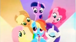 Size: 1280x720 | Tagged: safe, screencap, character:applejack, character:fluttershy, character:pinkie pie, character:rainbow dash, character:rarity, character:twilight sparkle, character:twilight sparkle (alicorn), species:alicorn, species:pony, friendship is magic: rainbow roadtrip, g4, my little pony: friendship is magic, letter, mane six, multicolored background, needs more jpeg