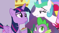 Size: 1920x1080 | Tagged: safe, screencap, character:princess celestia, character:spike, character:twilight sparkle, character:twilight sparkle (alicorn), species:alicorn, species:pony, episode:between dark and dawn, g4, my little pony: friendship is magic, amulet, jewelry