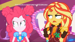 Size: 1366x768 | Tagged: safe, screencap, character:pinkie pie, character:sunset shimmer, equestria girls:sunset's backstage pass, g4, my little pony:equestria girls, angry, geode of empathy, geode of sugar bombs, magical geodes, sassy, shrunken pupils