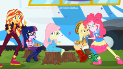 Size: 1366x768 | Tagged: safe, screencap, character:applejack, character:fluttershy, character:pinkie pie, character:sunset shimmer, character:twilight sparkle, character:twilight sparkle (scitwi), species:eqg human, equestria girls:sunset's backstage pass, g4, my little pony:equestria girls, discovery kids, food, geode of empathy, geode of sugar bombs, geode of super strength, magical geodes, pancakes, shoes, sneakers, spanish, tree stump