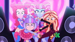 Size: 1366x768 | Tagged: safe, screencap, character:kiwi lollipop, character:pinkie pie, character:sunset shimmer, character:supernova zap, equestria girls:sunset's backstage pass, g4, my little pony:equestria girls, amplifier, female, fight, k-lo, kiwi lollipop, looking at you, music festival outfit, postcrush, shrunken pupils, stage, su-z, supernova zap, time twirler