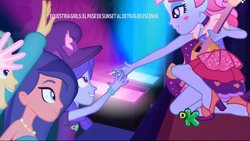 Size: 1366x768 | Tagged: safe, screencap, character:desert sage, character:kiwi lollipop, equestria girls:sunset's backstage pass, g4, my little pony:equestria girls, bare shoulders, clothing, desert sage, electric guitar, feet, guitar, guy grove, hat, high heels, k-lo, kiwi lollipop, legs, musical instrument, offscreen character, sandals, sandy cerise, shoes, sleeveless, space camp (character), stage, strapless