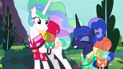Size: 1920x1080 | Tagged: safe, screencap, character:princess celestia, character:princess luna, species:alicorn, species:pony, episode:between dark and dawn, g4, my little pony: friendship is magic, backpack, clothing, cute, cutelestia, duo, excited, eyes closed, eyeshadow, female, folded wings, grin, hair bun, hawaiian shirt, luggage, lunabetes, makeup, mare, ponytail, royal sisters, shirt, siblings, sisters, smiling, tail bun, vacation, wings