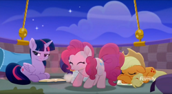 Size: 1674x910 | Tagged: safe, screencap, character:applejack, character:pinkie pie, character:twilight sparkle, character:twilight sparkle (alicorn), species:alicorn, species:pony, friendship is magic: rainbow roadtrip, g4, my little pony: friendship is magic, book, hot air balloon