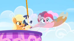 Size: 1699x956 | Tagged: safe, screencap, character:applejack, character:pinkie pie, character:rarity, species:earth pony, species:pony, species:unicorn, friendship is magic: rainbow roadtrip, g4, my little pony: friendship is magic, applejack's hat, clothing, cloud, cowboy hat, hat, hot air balloon, outdoors, sky