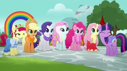 Size: 1920x1080 | Tagged: safe, screencap, character:applejack, character:fluttershy, character:kerfuffle, character:pinkie pie, character:rarity, character:torque wrench, character:twilight sparkle, character:twilight sparkle (alicorn), species:alicorn, species:earth pony, species:pegasus, species:pony, species:unicorn, friendship is magic: rainbow roadtrip, g4, my little pony: friendship is magic, bandana, clothing, discovery family logo, female, leg warmers, lei, mare, neckerchief, overalls, scarf, shirt, wing bling