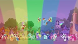 Size: 1920x1080 | Tagged: safe, screencap, character:applejack, character:barley barrel, character:fluttershy, character:kerfuffle, character:pickle barrel, character:pinkie pie, character:rainbow dash, character:rarity, character:torque wrench, character:twilight sparkle, character:twilight sparkle (alicorn), species:alicorn, species:earth pony, species:pegasus, species:pony, species:unicorn, friendship is magic: rainbow roadtrip, g4, my little pony: friendship is magic, amputee, barrel twins, clothing, colt, covering, discovery family logo, female, filly, foal, leg warmers, male, mane six, mare, moody root, mr. hoofington, mrs. hoofington, prosthetic leg, prosthetic limb, prosthetics, rainbow, scarf, siblings, twins, wing bling
