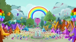 Size: 1920x1080 | Tagged: safe, screencap, character:applejack, character:fluttershy, character:kerfuffle, character:petunia petals, character:pinkie pie, character:rainbow dash, character:rarity, character:sunny skies, character:torque wrench, character:twilight sparkle, character:twilight sparkle (alicorn), species:alicorn, species:pony, friendship is magic: rainbow roadtrip, g4, my little pony: friendship is magic, discovery family logo, fountain, hope hollow, hot air balloon, house, mane six, moody root, mr. hoofington, mrs. hoofington, rainbow, rainbow festival, tent