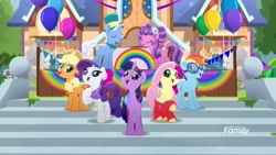 Size: 1920x1080 | Tagged: safe, screencap, character:applejack, character:fluttershy, character:petunia petals, character:rainbow dash, character:rarity, character:sunny skies, character:twilight sparkle, character:twilight sparkle (alicorn), species:alicorn, species:earth pony, species:pegasus, species:pony, species:unicorn, friendship is magic: rainbow roadtrip, g4, my little pony: friendship is magic, balloon, bandana, discovery family logo, female, goggles, leg warmers, living in color, male, mare, stallion, wing bling