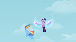 Size: 1699x956 | Tagged: safe, screencap, character:rainbow dash, character:twilight sparkle, character:twilight sparkle (alicorn), species:alicorn, species:pegasus, species:pony, friendship is magic: rainbow roadtrip, g4, my little pony: friendship is magic, cloud, colored wings, discovery family logo, flying, goggles, multicolored wings, rainbow wings, sky, wing bling, wings