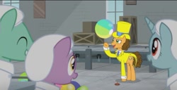 Size: 645x329 | Tagged: safe, screencap, character:cheese sandwich, species:earth pony, species:pony, species:unicorn, episode:the last laugh, g4, my little pony: friendship is magic, balloon, beach ball, box, clothing, early, factory, hat, needle, song, summer, yellow