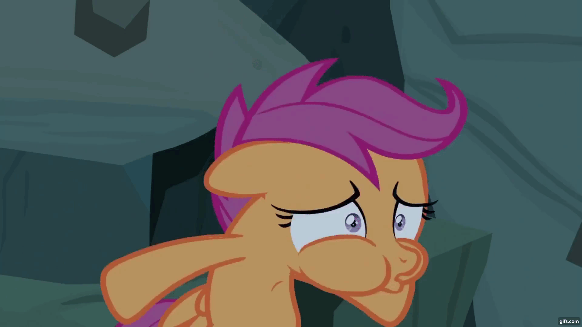 Size: 1920x1080 | Tagged: safe, screencap, character:scootaloo, species:pegasus, species:pony, episode:campfire tales, g4, my little pony: friendship is magic, animated, cave, fear, gif, gifs.com, hyperventilating, out of breath, perfect loop, rock, solo