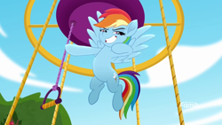 Size: 1280x720 | Tagged: safe, screencap, character:rainbow dash, species:pony, friendship is magic: rainbow roadtrip, g4, my little pony: friendship is magic, cool, flying, grin, hot air balloon, pose, smiling, smug, solo, spread wings, wings