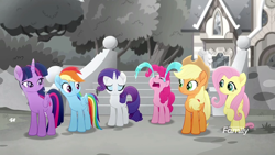 Size: 1280x720 | Tagged: safe, screencap, character:applejack, character:fluttershy, character:pinkie pie, character:rainbow dash, character:rarity, character:twilight sparkle, character:twilight sparkle (alicorn), species:alicorn, species:pony, friendship is magic: rainbow roadtrip, g4, my little pony: friendship is magic, crying, discovery family logo, mane six, ocular gushers