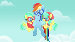 Size: 1280x720 | Tagged: safe, screencap, character:barley barrel, character:pickle barrel, character:rainbow dash, species:pony, friendship is magic: rainbow roadtrip, g4, my little pony: friendship is magic, barrel twins, flying, siblings, twins