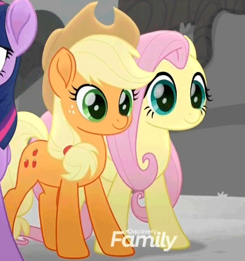 Size: 497x530 | Tagged: safe, screencap, character:applejack, character:fluttershy, character:twilight sparkle, character:twilight sparkle (alicorn), species:alicorn, species:pony, friendship is magic: rainbow roadtrip, g4, my little pony: friendship is magic, animated, cropped, cute, discovery family logo, duo focus, female, hoof around neck, hug, jackabetes, mare, one eye closed, shyabetes, side hug, twiabetes, wink