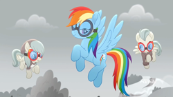 Size: 1920x1080 | Tagged: safe, screencap, character:barley barrel, character:pickle barrel, character:rainbow dash, species:pegasus, species:pony, friendship is magic: rainbow roadtrip, g4, my little pony: friendship is magic, barrel twins, beanie, bedroom eyes, clothing, colt, female, filly, flying, foal, goggles, hat, male, mare, siblings, trio, twins