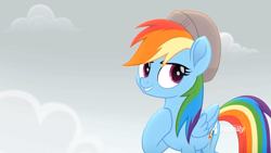 Size: 1920x1080 | Tagged: safe, screencap, character:rainbow dash, species:pegasus, species:pony, friendship is magic: rainbow roadtrip, g4, my little pony: friendship is magic, clothing, cloud, female, hat, mare, smiling, solo, watermark