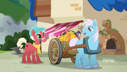 Size: 1920x1080 | Tagged: safe, screencap, species:earth pony, species:pony, friendship is magic: rainbow roadtrip, g4, my little pony: friendship is magic, brick oven, cart, clothing, cottonflock, flat cap, food, hat, hope hollow, lantern, male, moody root, mouth hold, not big macintosh, peach, recolor, scarf, stallion, wrench, yoke