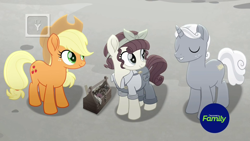 Size: 1920x1080 | Tagged: safe, screencap, character:applejack, character:sunny skies, character:torque wrench, species:pony, friendship is magic: rainbow roadtrip, g4, my little pony: friendship is magic, atorqueable, cute, desaturated, jackabetes, sunnydorable