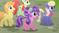 Size: 1920x1080 | Tagged: safe, screencap, character:petunia petals, species:earth pony, species:pony, friendship is magic: rainbow roadtrip, g4, my little pony: friendship is magic, amazed, apple juice (character), background pony, bow, cute, cutie mark, female, freckles, male, mare, neckerchief, open mouth, raised hoof, stallion, surprised, unnamed pony
