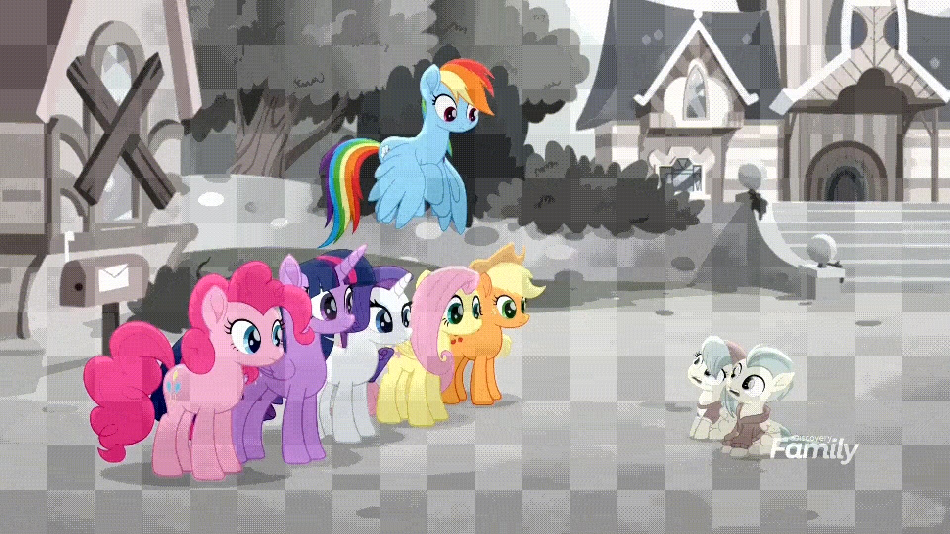 Size: 1920x1080 | Tagged: safe, screencap, character:applejack, character:barley barrel, character:fluttershy, character:pickle barrel, character:pinkie pie, character:rainbow dash, character:rarity, character:twilight sparkle, character:twilight sparkle (alicorn), species:alicorn, species:pony, friendship is magic: rainbow roadtrip, g4, my little pony: friendship is magic, animated, barrel twins, gif, mane six, siblings, twins