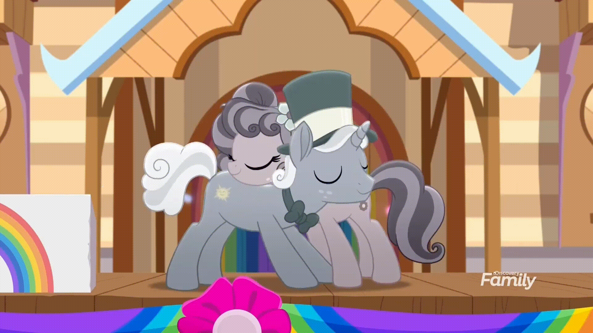 Size: 1920x1080 | Tagged: safe, screencap, character:petunia petals, character:sunny skies, species:earth pony, species:pony, species:unicorn, ship:petuniasky, friendship is magic: rainbow roadtrip, g4, my little pony: friendship is magic, animated, clothing, cute, female, gif, hat, male, mare, nuzzling, petalbetes, shipping, stallion, straight, sunnydorable, top hat