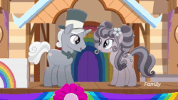 Size: 1920x1080 | Tagged: safe, screencap, character:petunia petals, character:sunny skies, species:earth pony, species:pony, species:unicorn, ship:petuniasky, friendship is magic: rainbow roadtrip, g4, my little pony: friendship is magic, animated, clothing, female, hat, male, mare, marriage proposal, shipping, sound, stallion, straight, top hat, webm