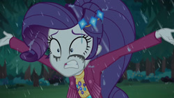 Size: 2048x1152 | Tagged: safe, screencap, character:rarity, episode:inclement leather, g4, my little pony:equestria girls, female, forest, makeup, marshmelodrama, mascarity, rain, rarity being rarity, running makeup, solo, tree