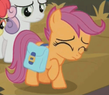 Size: 369x322 | Tagged: safe, screencap, character:apple bloom, character:scootaloo, character:sweetie belle, species:pegasus, species:pony, episode:the last crusade, g4, my little pony: friendship is magic, adorable distress, animated, cropped, cute, cutealoo, cutie mark crusaders, female, mare, sad, saddle bag, sadorable, tippy taps, trotting, trotting in place