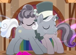 Size: 1002x729 | Tagged: safe, screencap, character:petunia petals, character:sunny skies, species:earth pony, species:pony, species:unicorn, ship:petuniasky, friendship is magic: rainbow roadtrip, g4, my little pony: friendship is magic, bow tie, clothing, cropped, eyes closed, female, flower, flower in hair, hat, hug, love, male, mare, marriage proposal, shipping, smiling, stallion, straight