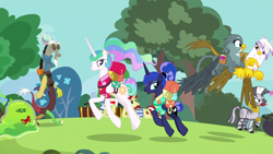 Size: 1920x1080 | Tagged: safe, screencap, character:discord, character:flam, character:flim, character:gabby, character:gilda, character:princess celestia, character:princess luna, character:smooze, character:zecora, species:alicorn, species:draconequus, species:griffon, species:pony, species:unicorn, species:zebra, episode:between dark and dawn, g4, my little pony: friendship is magic, clothing, female, flim flam brothers, lotta little things, male, mare, quadrupedal, royal sisters, scarf, stallion, trotting