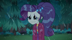 Size: 1920x1080 | Tagged: safe, screencap, character:rarity, episode:inclement leather, g4, my little pony:equestria girls, forest, rain, solo, tree