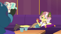 Size: 1920x1080 | Tagged: safe, screencap, character:vignette valencia, episode:inclement leather, g4, my little pony:equestria girls, beauty mark, cellphone, couch, draw me like one of your french girls, inclement leather: vignette valencia, lidded eyes, offscreen character, phone, pillow, pose, reclining, rift axe, smartphone, vignette valencia