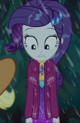Size: 1133x1724 | Tagged: safe, screencap, character:applejack, character:rarity, episode:inclement leather, g4, my little pony:equestria girls, applejack's hat, clothing, cowboy hat, cropped, cute, hat, inclement leather: applejack, rain, solo focus, wet