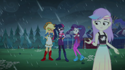 Size: 1366x768 | Tagged: safe, screencap, character:applejack, character:rarity, character:twilight sparkle, character:twilight sparkle (scitwi), species:eqg human, episode:inclement leather, g4, my little pony:equestria girls, background human, clothing, inclement leather: applejack, midriff, skirt, sleeveless, snow flower, tank top