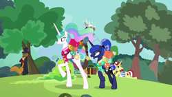 Size: 1920x1080 | Tagged: safe, screencap, character:capper dapperpaws, character:discord, character:flam, character:flim, character:princess celestia, character:princess luna, character:smooze, species:abyssinian, species:alicorn, species:anthro, species:digitigrade anthro, species:draconequus, species:pony, species:unicorn, episode:between dark and dawn, g4, my little pony: friendship is magic, anthro with ponies, clothing, female, flim flam brothers, hair bun, lotta little things, male, mare, ponytail, royal sisters, shirt, stallion, tail bun, tree