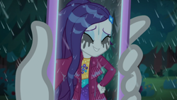 Size: 1366x768 | Tagged: safe, screencap, character:rarity, episode:inclement leather, g4, my little pony:equestria girls, cute, hashtag rain hair don't care, inclement leather: vignette valencia, makeup, mascara, mascarity, phone screen, rain, raribetes, running makeup, selfie, wet, wet hair, wet hairity