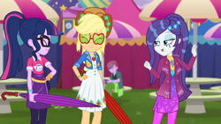 Size: 1366x768 | Tagged: safe, screencap, character:applejack, character:rarity, character:twilight sparkle, character:twilight sparkle (scitwi), species:eqg human, episode:inclement leather, g4, my little pony:equestria girls, cute, duke suave, hashtag rain hair don't care, inclement leather: vignette valencia, jackabetes, makeup, mascara, running makeup, smiling, sunglasses, umbrella, wet, wet mane, wet mane rarity