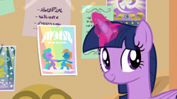 Size: 1280x720 | Tagged: safe, screencap, character:twilight sparkle, character:twilight sparkle (alicorn), species:alicorn, species:pony, episode:she's all yak, g4, my little pony: friendship is magic, bulletin board, cute, female, folded wings, glowing horn, headmare twilight, horn, magic, magic aura, mare, smiling, solo, wings, written equestrian
