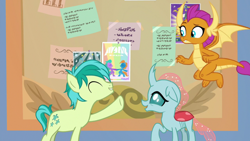 Size: 1920x1080 | Tagged: safe, screencap, character:ocellus, character:sandbar, character:smolder, species:changedling, species:changeling, species:dragon, species:earth pony, species:pony, species:reformed changeling, episode:she's all yak, g4, my little pony: friendship is magic, bulletin board, dragoness, eyes closed, female, flying, male, trio, written equestrian