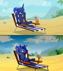 Size: 1364x1536 | Tagged: safe, artist:skyeypony, screencap, character:princess luna, species:alicorn, species:pony, episode:between dark and dawn, g4, my little pony: friendship is magic, alternate hairstyle, barehoof, beach, beach chair, crossed legs, eyeshadow, female, folded wings, hair bun, hooves behind head, lidded eyes, magic, makeup, mare, missing accessory, open mouth, reclining, relaxing, scene interpretation, solo, stupid sexy princess luna, sunglasses, telekinesis, we don't normally wear clothes, wings