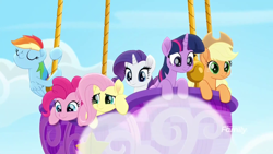 Size: 1920x1080 | Tagged: safe, screencap, character:applejack, character:fluttershy, character:pinkie pie, character:rainbow dash, character:rarity, character:twilight sparkle, character:twilight sparkle (alicorn), species:alicorn, species:pony, friendship is magic: rainbow roadtrip, g4, my little pony: friendship is magic, applejack's hat, clothing, cowboy hat, hat, hot air balloon, mane six