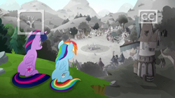 Size: 1920x1080 | Tagged: safe, screencap, character:rainbow dash, character:twilight sparkle, character:twilight sparkle (alicorn), species:alicorn, species:pony, friendship is magic: rainbow roadtrip, g4, my little pony: friendship is magic, hope hollow, sitting, tv rating, tv-y