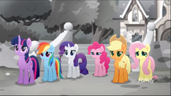 Size: 1367x772 | Tagged: safe, screencap, character:applejack, character:fluttershy, character:pinkie pie, character:rainbow dash, character:rarity, character:twilight sparkle, character:twilight sparkle (alicorn), species:alicorn, species:earth pony, species:pegasus, species:pony, species:unicorn, friendship is magic: rainbow roadtrip, g4, my little pony: friendship is magic, cropped, female, freckles, group, mane six, mare, palindrome get, sad, sad face, teary eyes