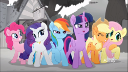Size: 1368x770 | Tagged: safe, screencap, character:applejack, character:fluttershy, character:pinkie pie, character:rainbow dash, character:rarity, character:twilight sparkle, character:twilight sparkle (alicorn), species:alicorn, species:earth pony, species:pegasus, species:pony, species:unicorn, friendship is magic: rainbow roadtrip, g4, my little pony: friendship is magic, cropped, female, freckles, group, hug, mane six, mare, one eye closed, open mouth, pose, raised hoof, smiling, wink