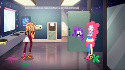 Size: 1366x768 | Tagged: safe, screencap, character:pinkie pie, character:rarity, character:sunset shimmer, equestria girls:sunset's backstage pass, g4, my little pony:equestria girls, bathroom, cute, facial hair, geode of empathy, geode of sugar bombs, graffiti, laughing, magical geodes, moustache, paint, shoes, sneakers
