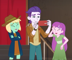 Size: 861x720 | Tagged: safe, screencap, episode:how to backstage, g4, my little pony:equestria girls, cellphone, clothing, cropped, crossed arms, dakota verde, dirk thistleweed, dress, eyes closed, female, laughing, male, pants, phone, smartphone, smiling, violet wisteria